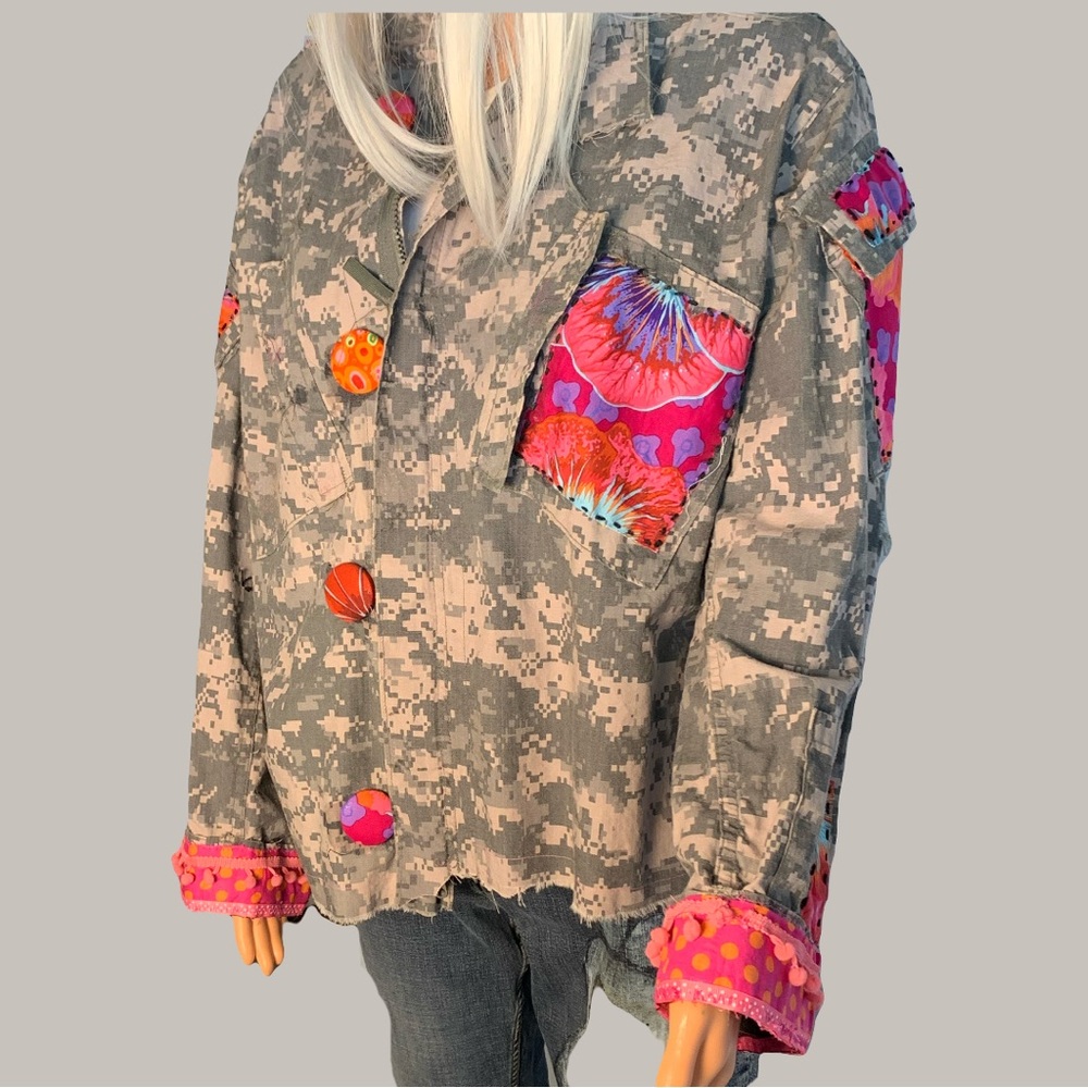 Upcycled Authentic Military Camo Jacket Embellished with Vibrant Colors.